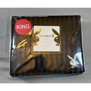 New Rare Playboy Home Black Satin 4 Piece Sheet Set King  2008